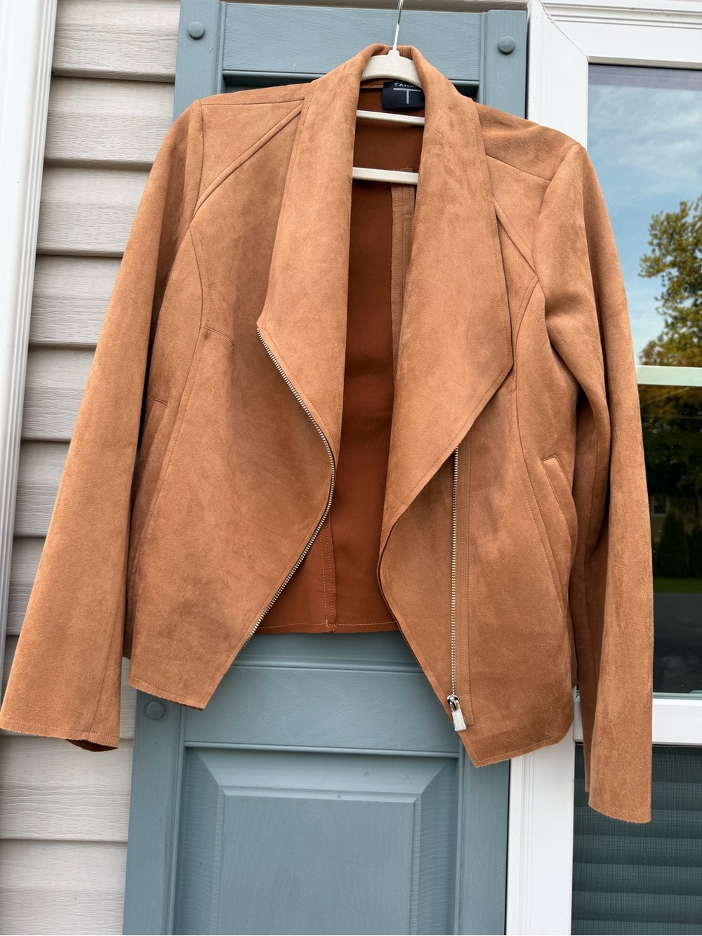 Tahari Suede-Look Open Front Jacket in Cognac Tan
